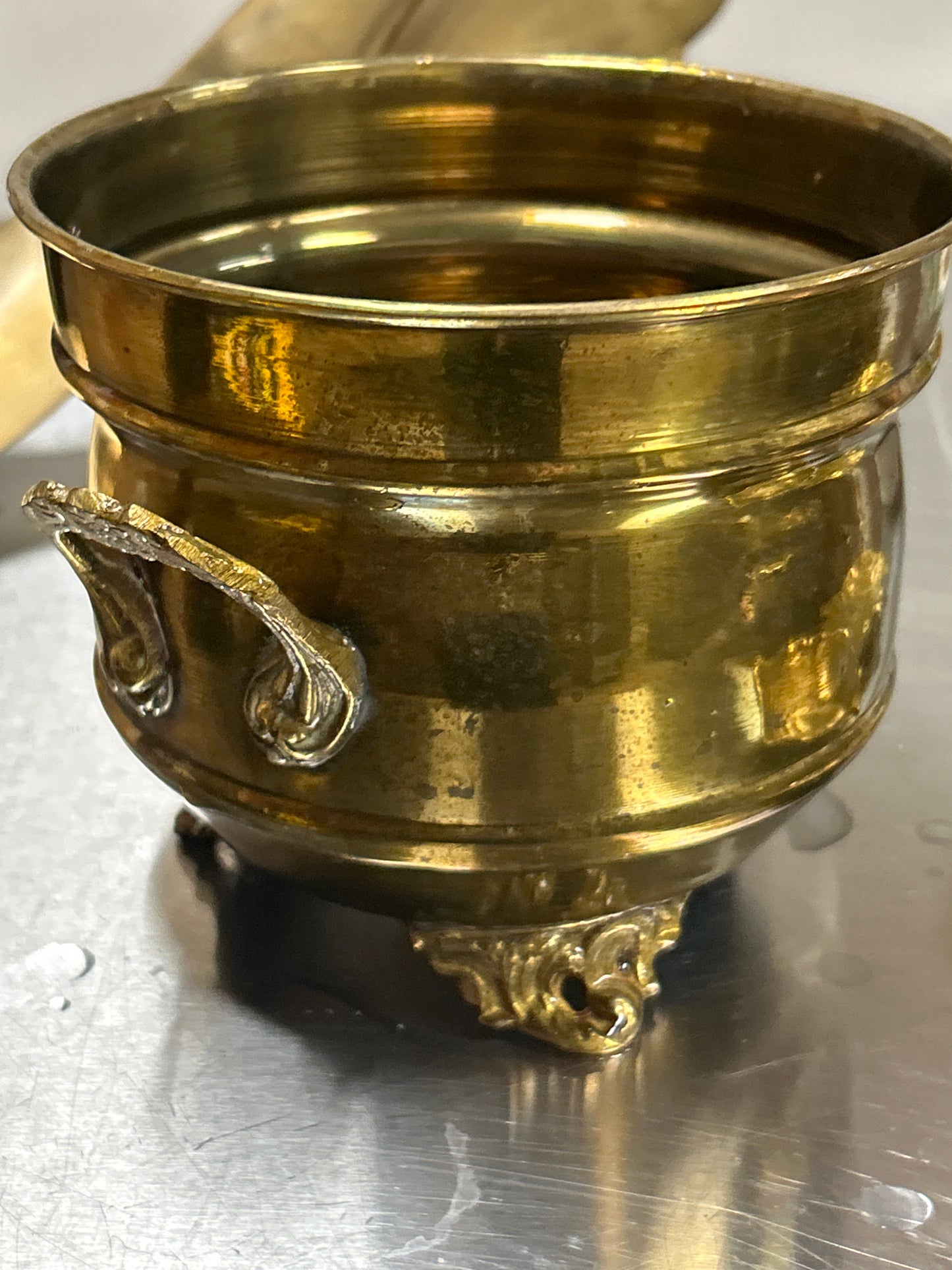 Vintage Brass 3 Footed Planter Pot Small With Handles Made In India