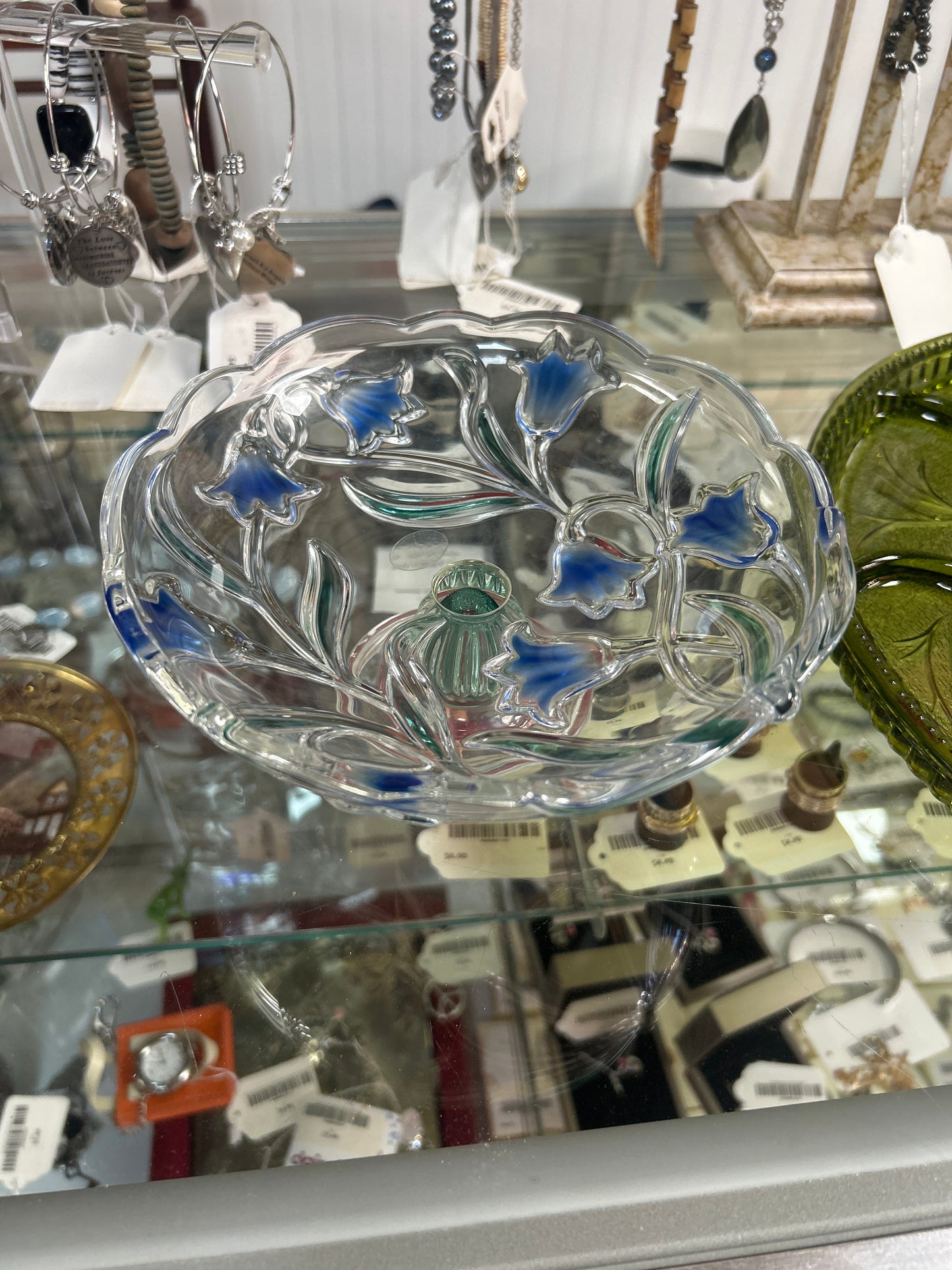 MIKASA BLUEBELLS FLORALCRYSTAL GLASS BOWL FOTTED COMPOTE GREEN BLUE GERMANY