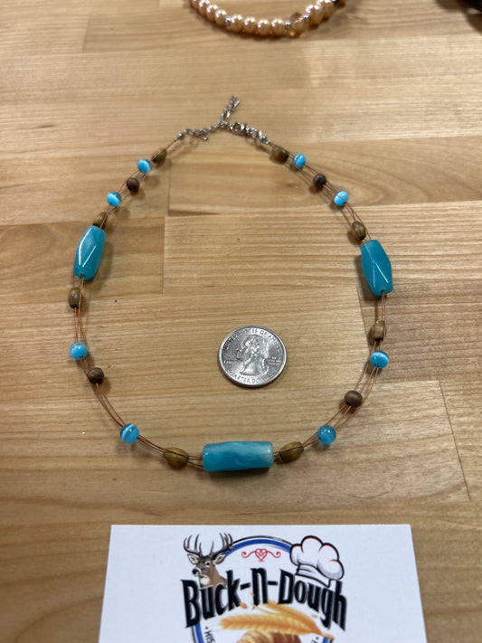 Blue wood and copper Necklace 43025-3