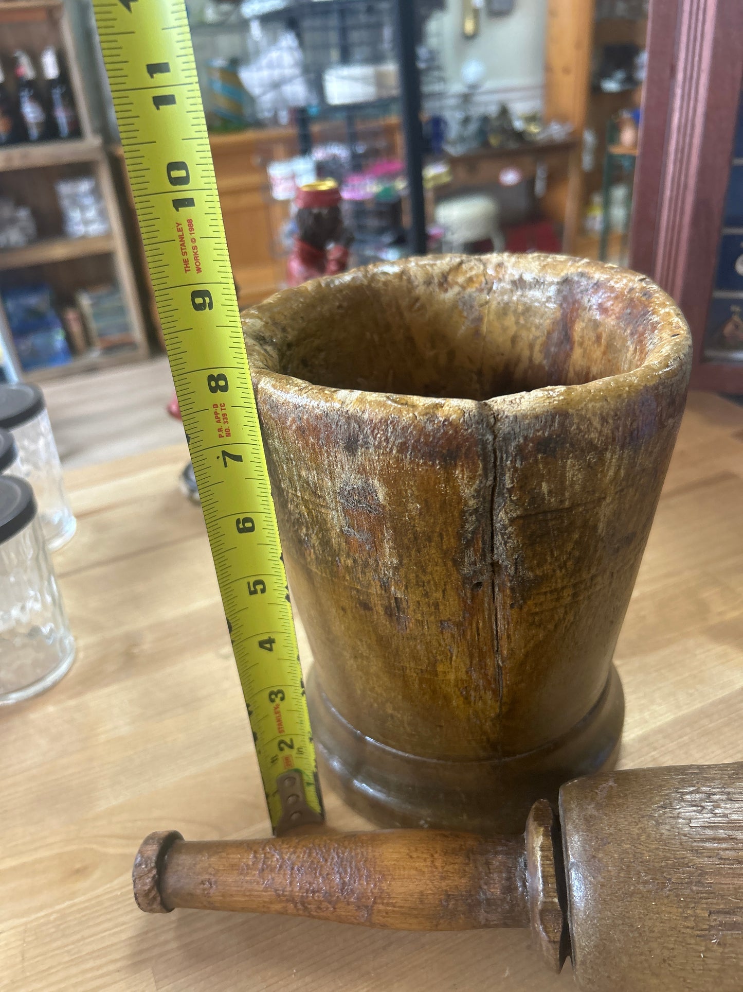 Antique Primitive Wood Mortar and Pestle (has cracks in wood but awesome)