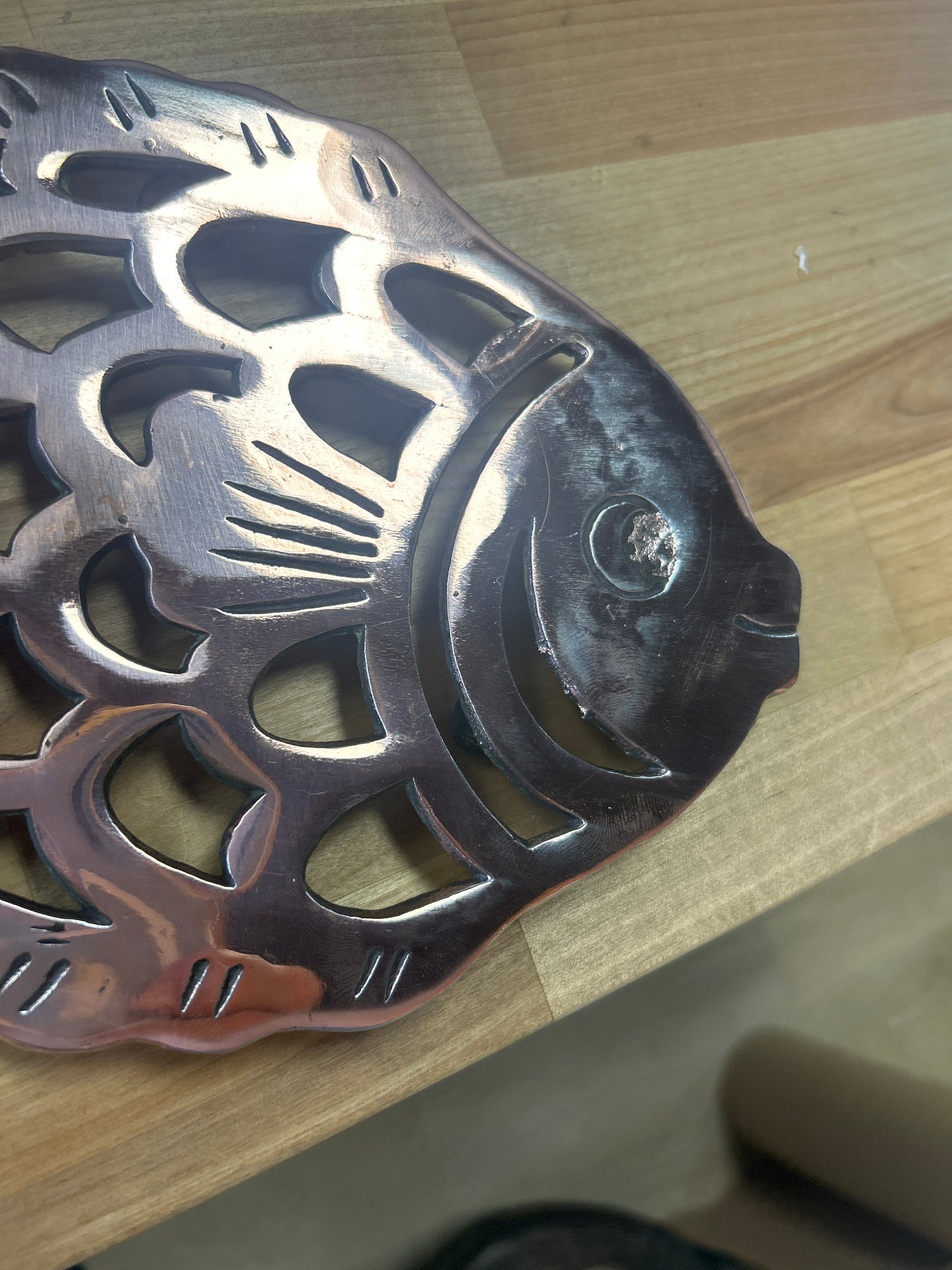 Vintage COPPER FISH Top Hot Plate Trivet Footed DESIGN 1982 w/Ring