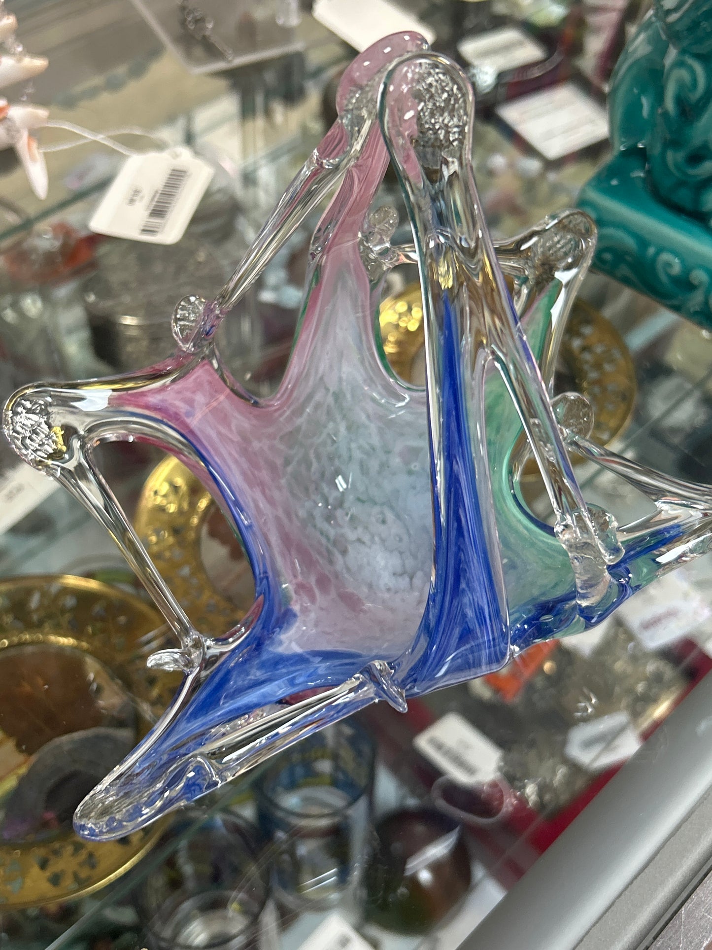 Italian Hand Blown Glass Handled Basket Candy Trinket Dish Murano Multi Colors (repaired)