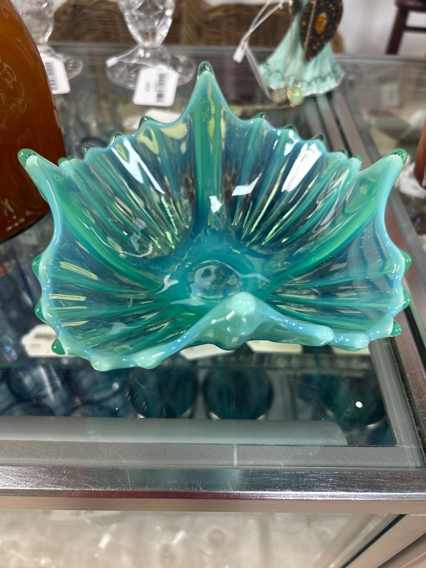 FOSTORIA Heirloom Green Blue Opalescent Glass Folded Basket Bowl
