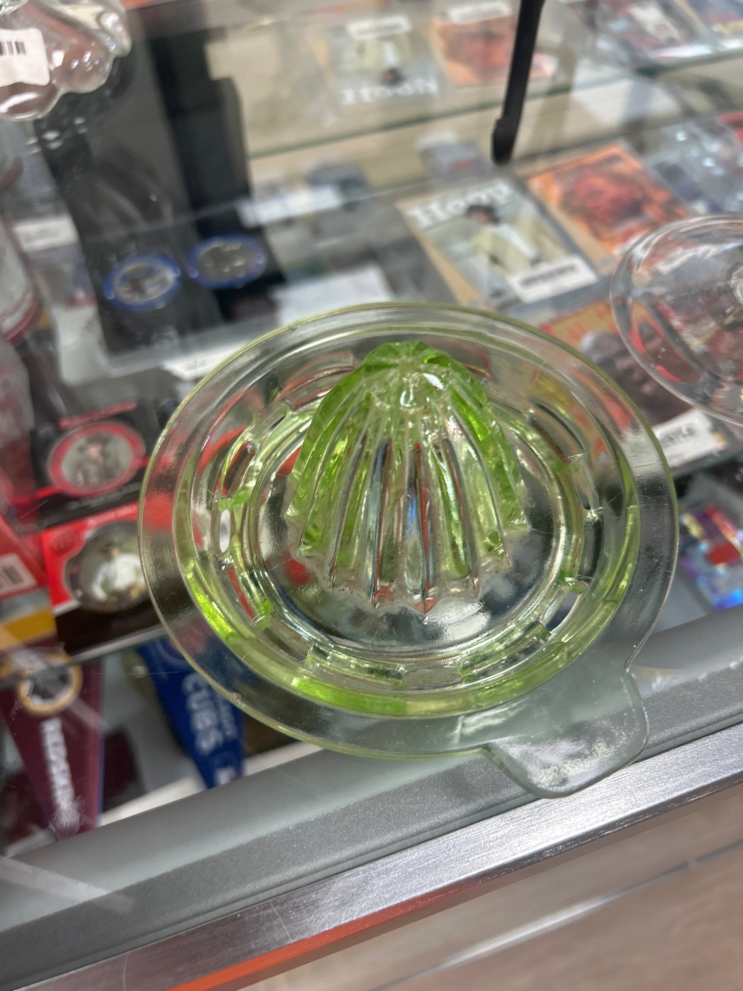 Uranium Glass Juice Reamer, Depression Glass, Uranium Glass Juice Reamer, 5.75” Wide withhandle, 2.5” Tall (couple tiny chips)