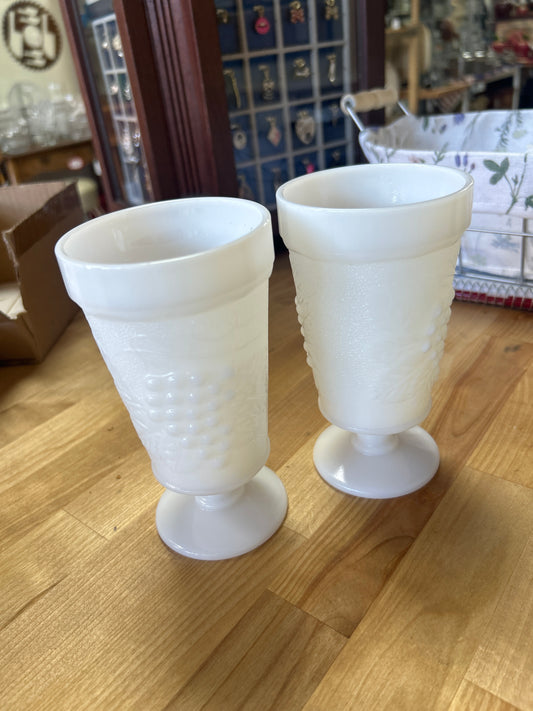 Anchor Hocking Fire King Goblets Vintage Mid Century Milk Glass Goblets with Grape Design, Set of 2