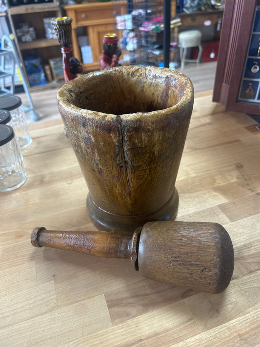 Antique Primitive Wood Mortar and Pestle (has cracks in wood but awesome)