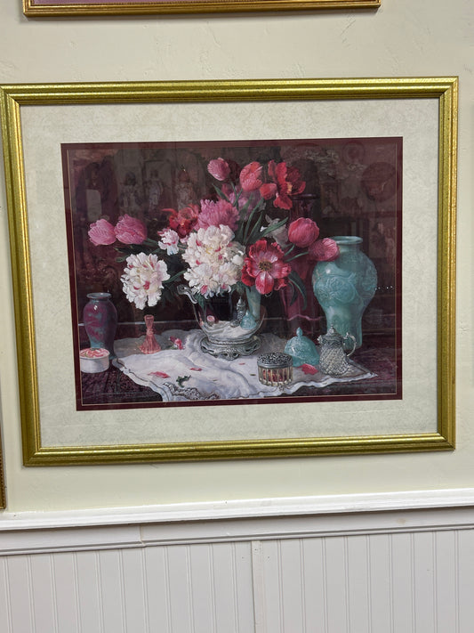 Framed and matted art print titled "Spring Bouquet in Silver Vase" by Glenna Kurz.