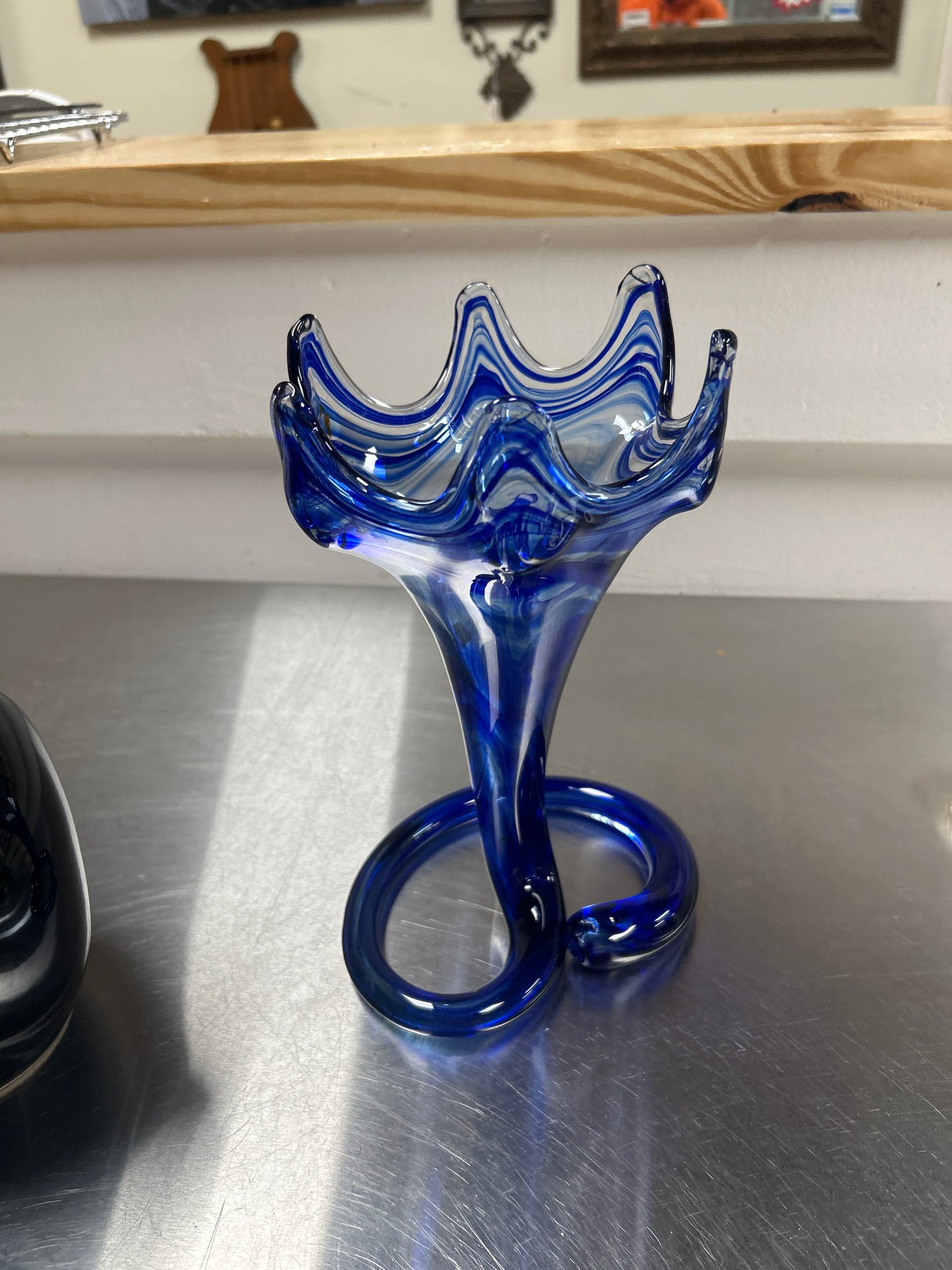 Vintage Cobalt Blue Swirl Hand Blown Sooner Glass Swung Coil Base Glass Vase 11”