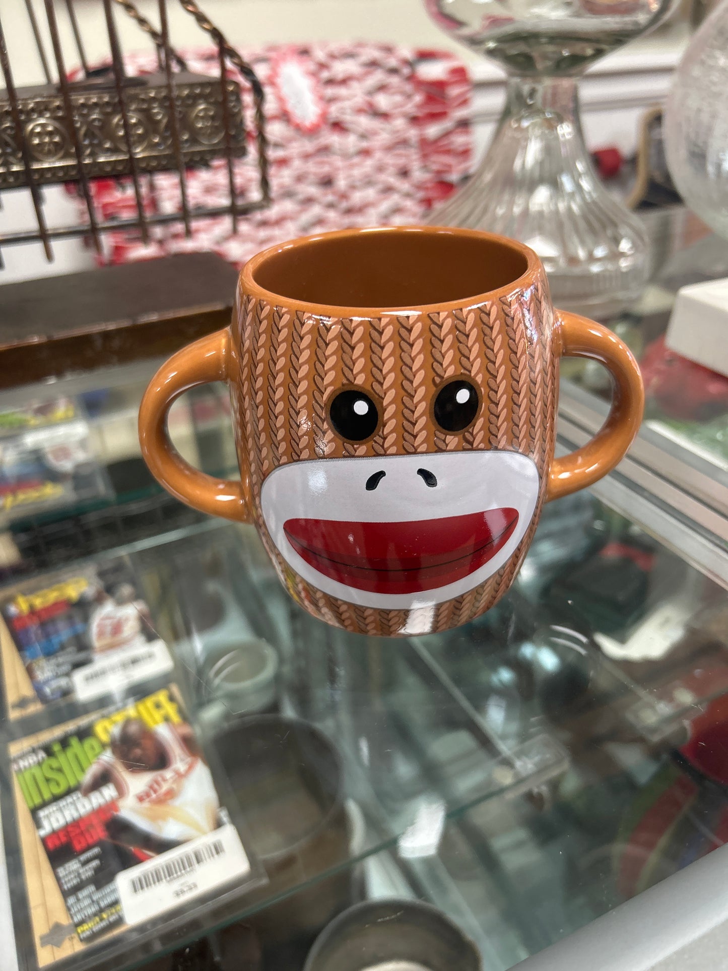 Galerie Candy SOCK MONKEY Double Handle Coffee Mug Collectible