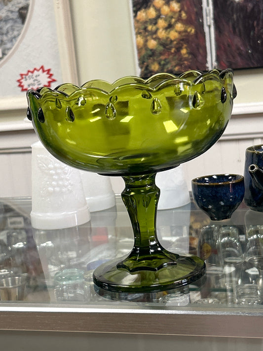 Vintage Indiana Glass Green Scalloped Tear Drop Pedestal Compote Bowl 7.5" Tall