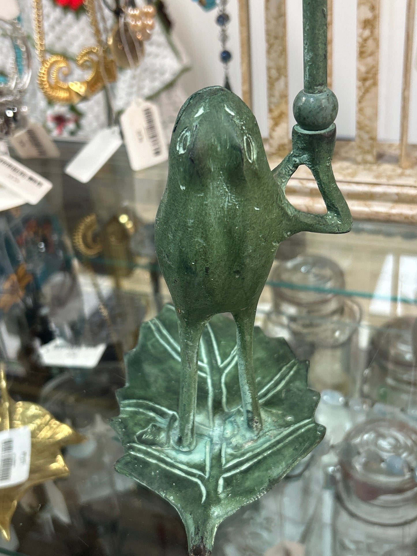 Frog Taper Candle Holder Figurine Brass Heavy Green 11.75”