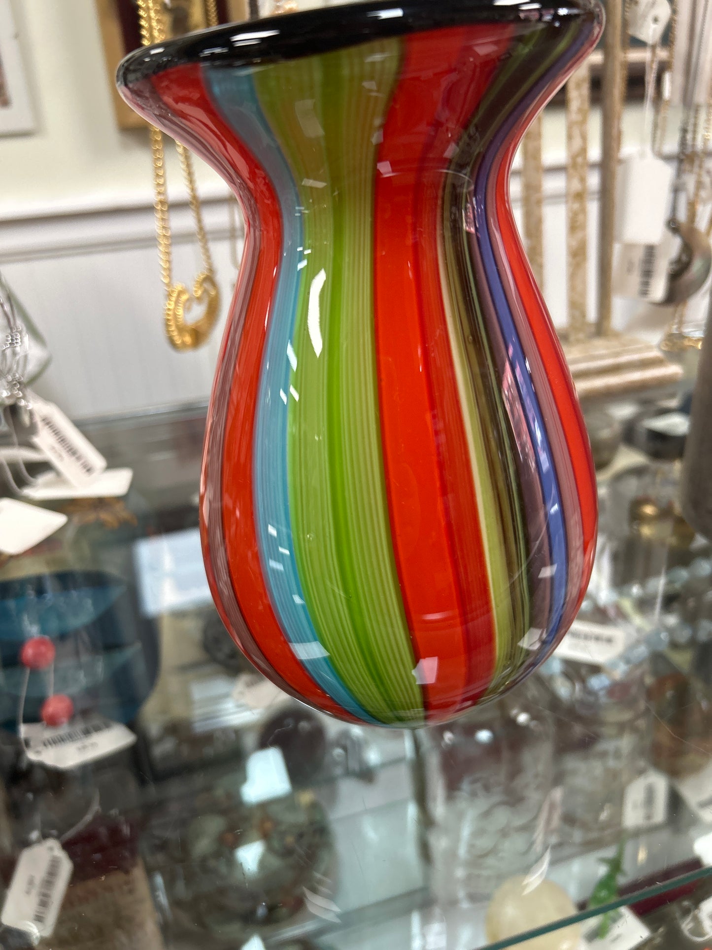 Handmade Murano glass vase featuring a colorful "canna" (vertical striped) design 8” and 3 1/2 lbs (beautiful)