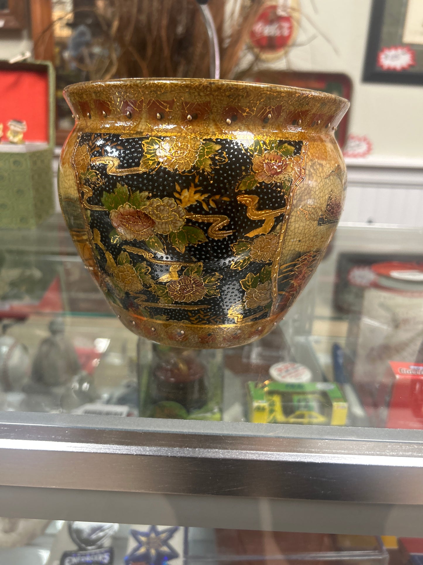 vintage Satsuma-style porcelain fishbowl planter intricate hand-painted floral motifs and gilded gold leaf
