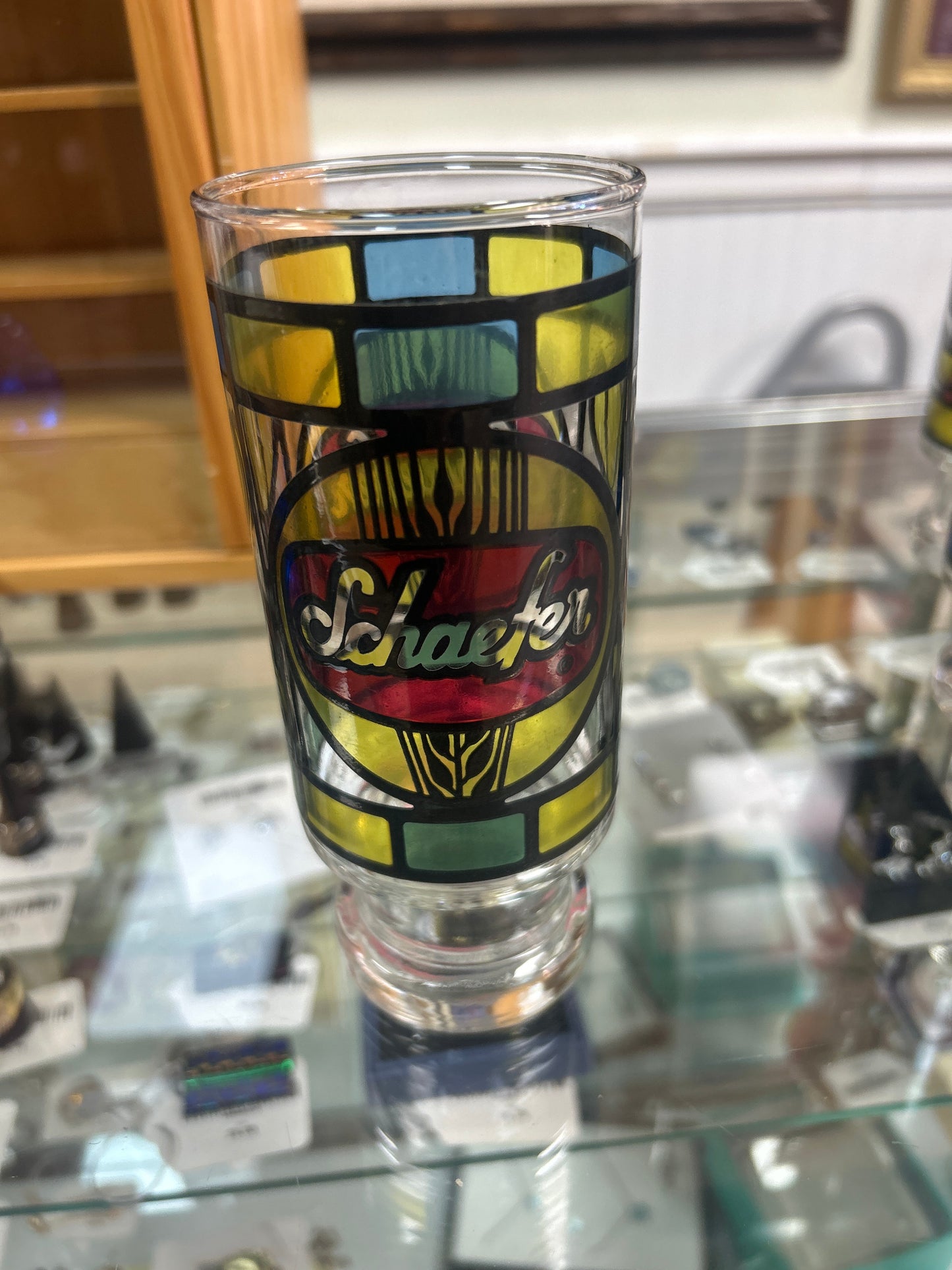 Vintage 1970’s Set of 6 Faux Stained Glass Beer Drinking Glasses Falstaff Schlitz Pabst (Anchor Hocking)