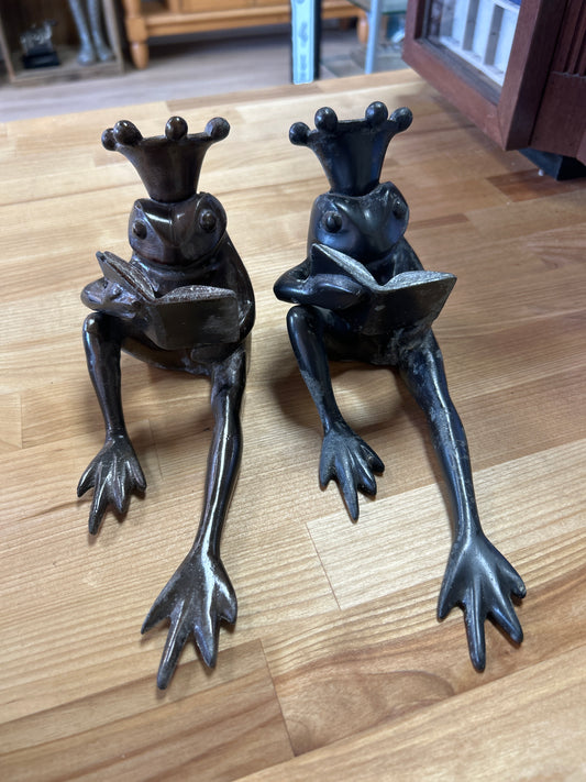 Set of Restoration Hardware Frog Prince Cast Bronze Bookends 8.25", Long Frog Legs King Crown Reading a Book, Heavy Metal. One seems gray and the other bronze color