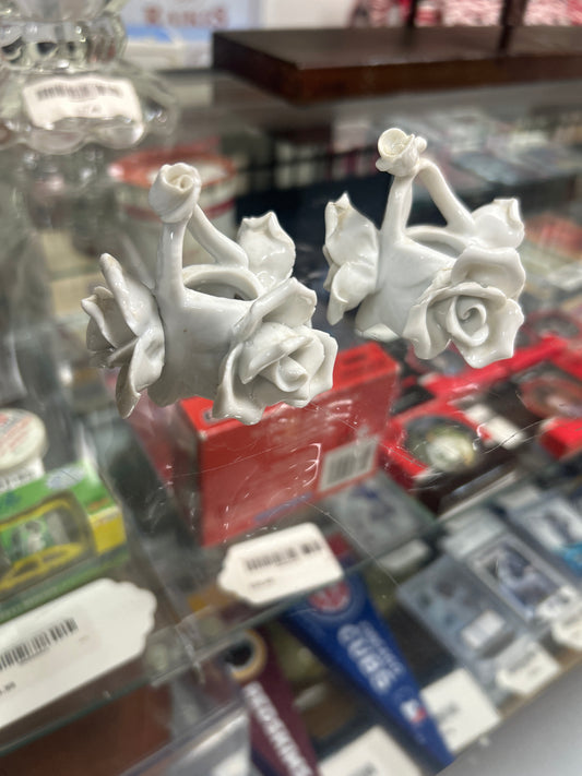 Vintage Porcelain Rose Decorations Candle Holders (we believe the sticker on the bottom is Enesco).