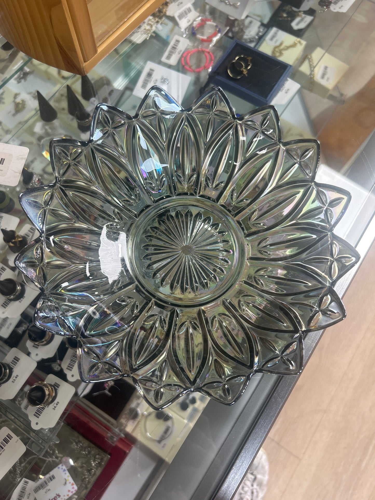 Vintage Federal Glass Petal Iridescent Smoke 10" Round Bowl
