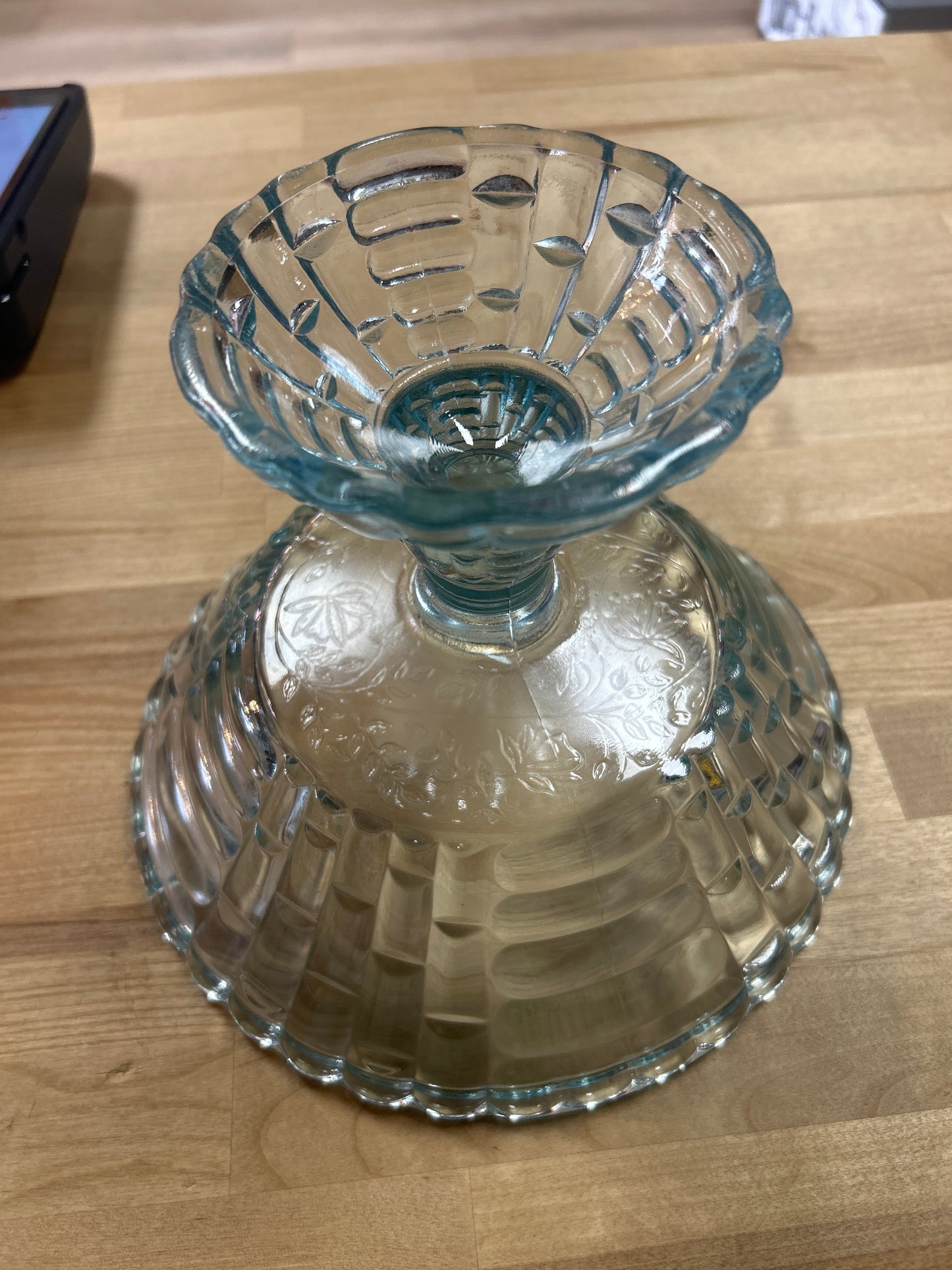 JEANETTE GLASS CO. ICE BLUE LOUISA BASKET WEAVE COMPOTE