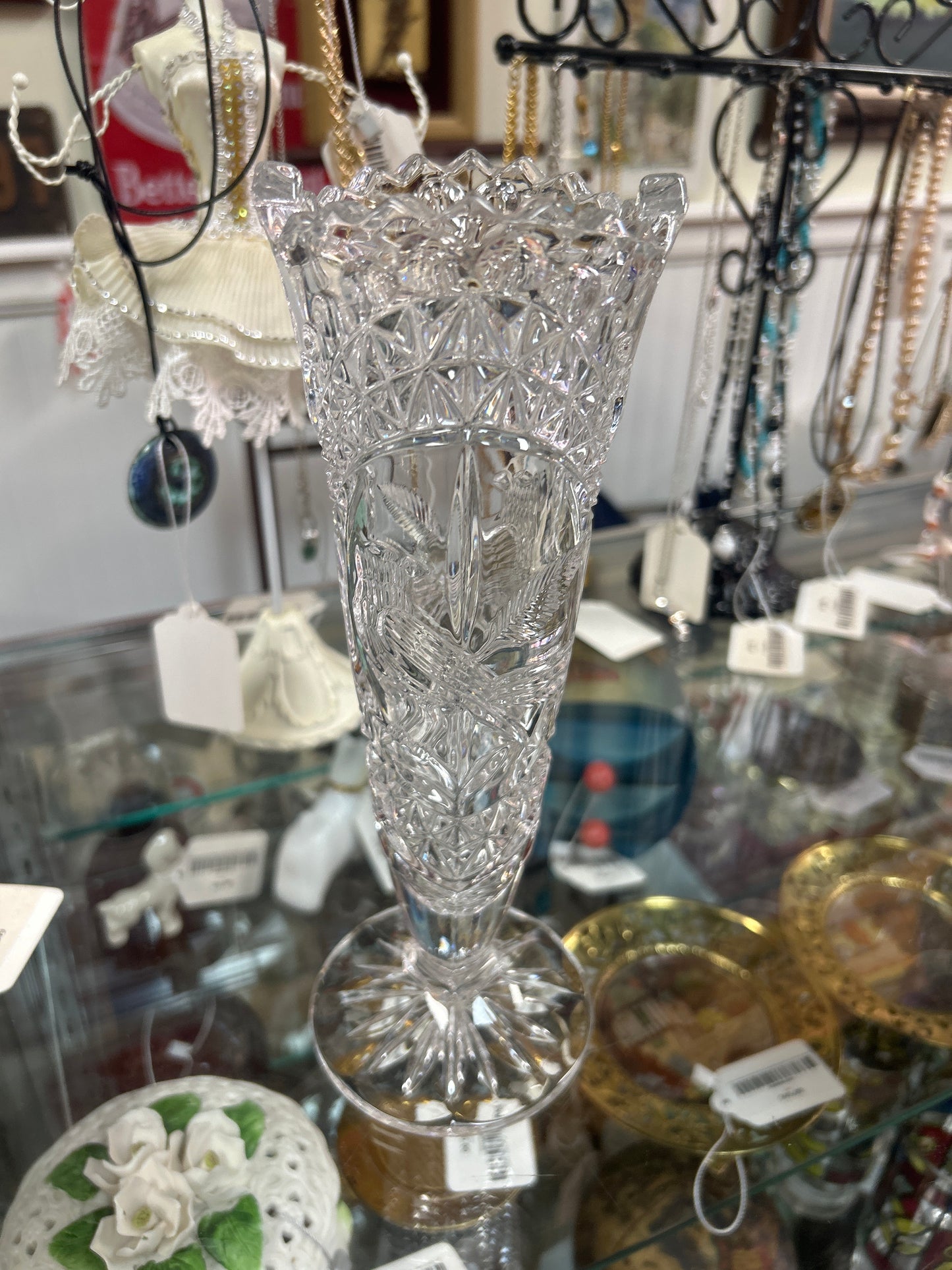 HOFBAUER Byrdes BIRD & Square Star CUT GLASS CRYSTAL Germany Pedestal Vase 9.5”H