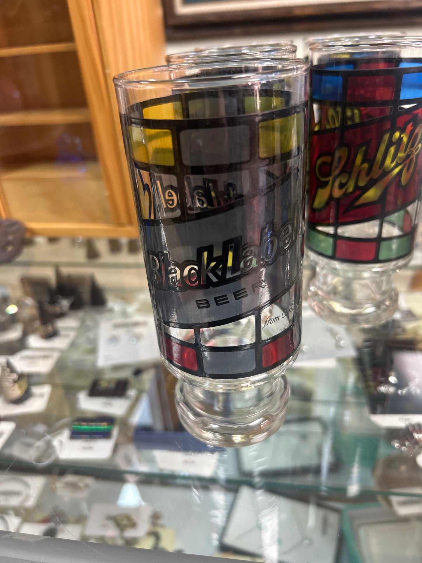 Vintage 1970’s Set of 6 Faux Stained Glass Beer Drinking Glasses Falstaff Schlitz Pabst (Anchor Hocking)