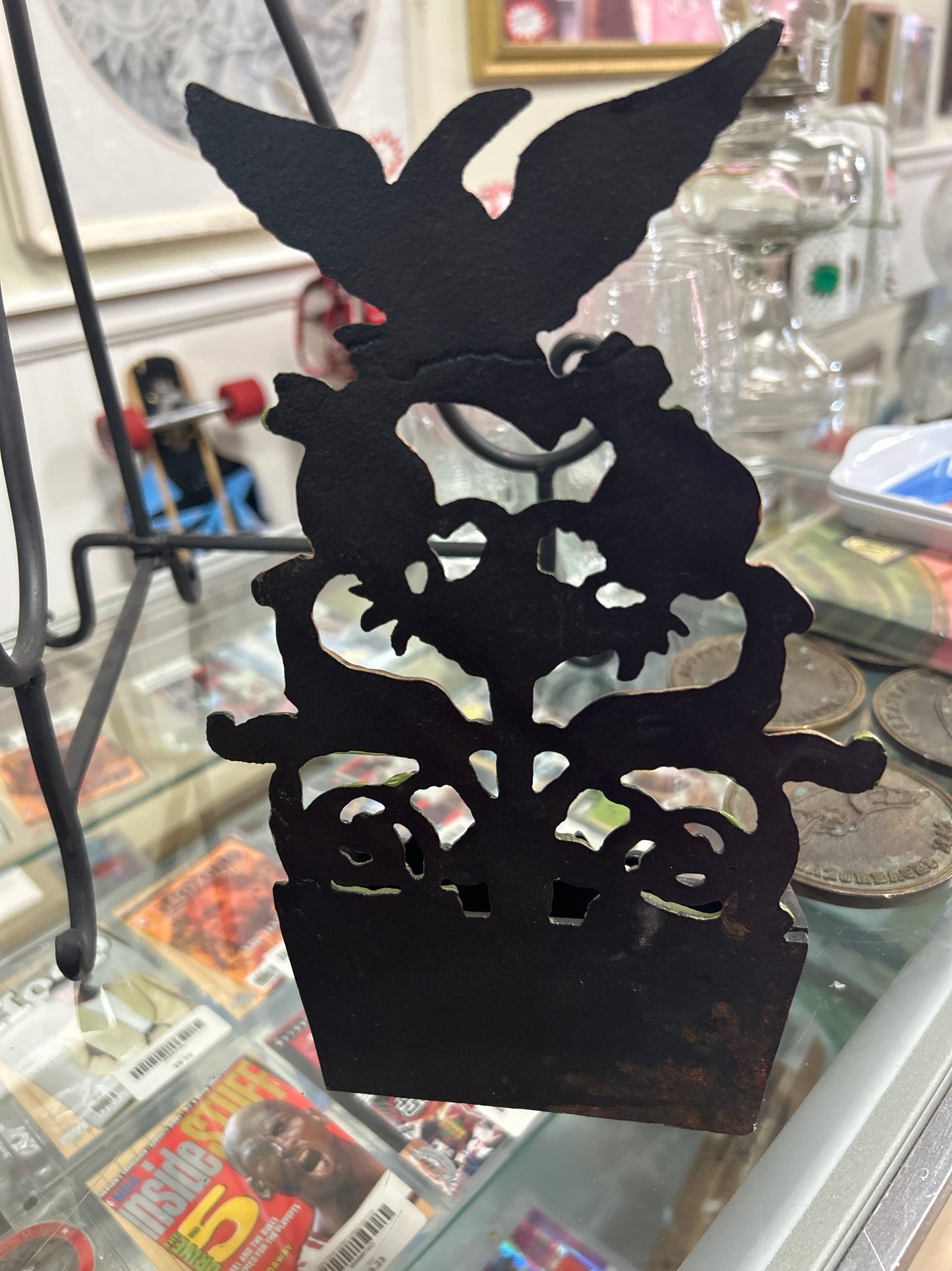 Vintage Ornate Cast Iron Letter/ Match Holder With Eagle On top Deer Flower/Vine