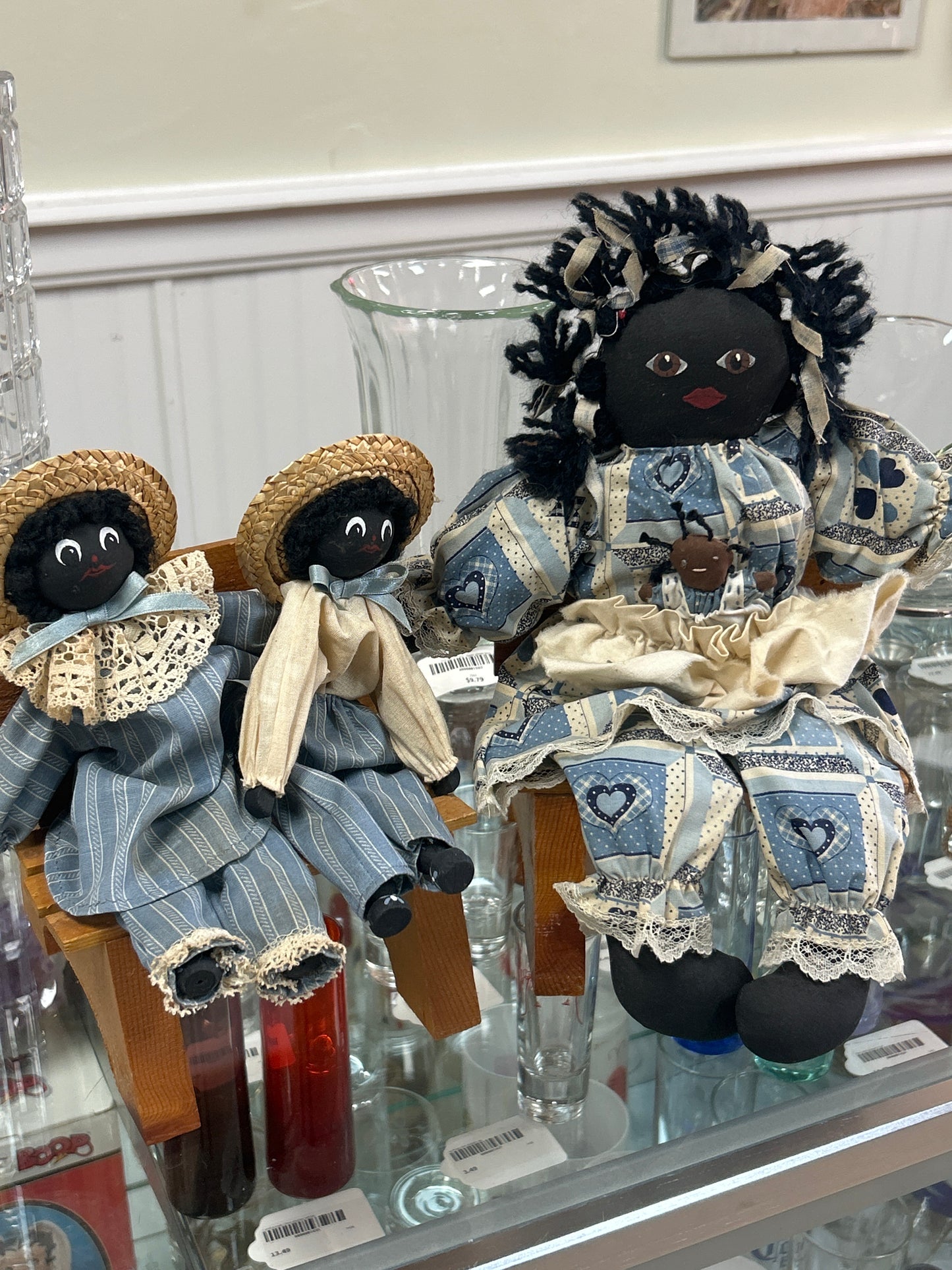 Vintage Set Old Americana Handmade Cloth Rag Doll Family Folk Art