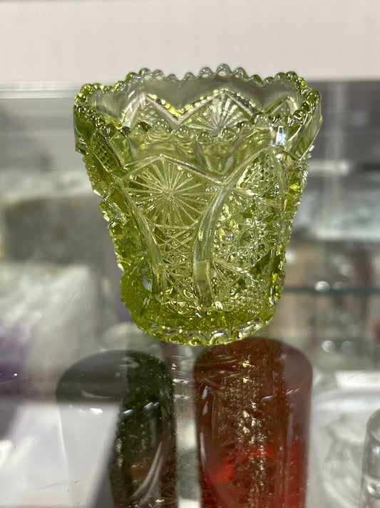 Vintage Imperial Glass Avocado Green Daisy & Button Toothpick Holder