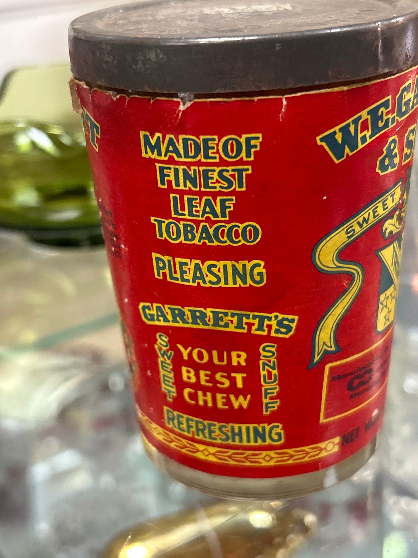 VINTAGE W.E. GARRETT & SONS SWEET MILD SNUFF JAR PAPER LABEL 5.58oz