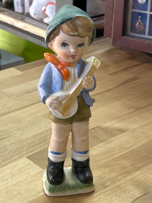 Vintage Singing Boy Figurine Playing Banjo Porcelain 9" made in Japan