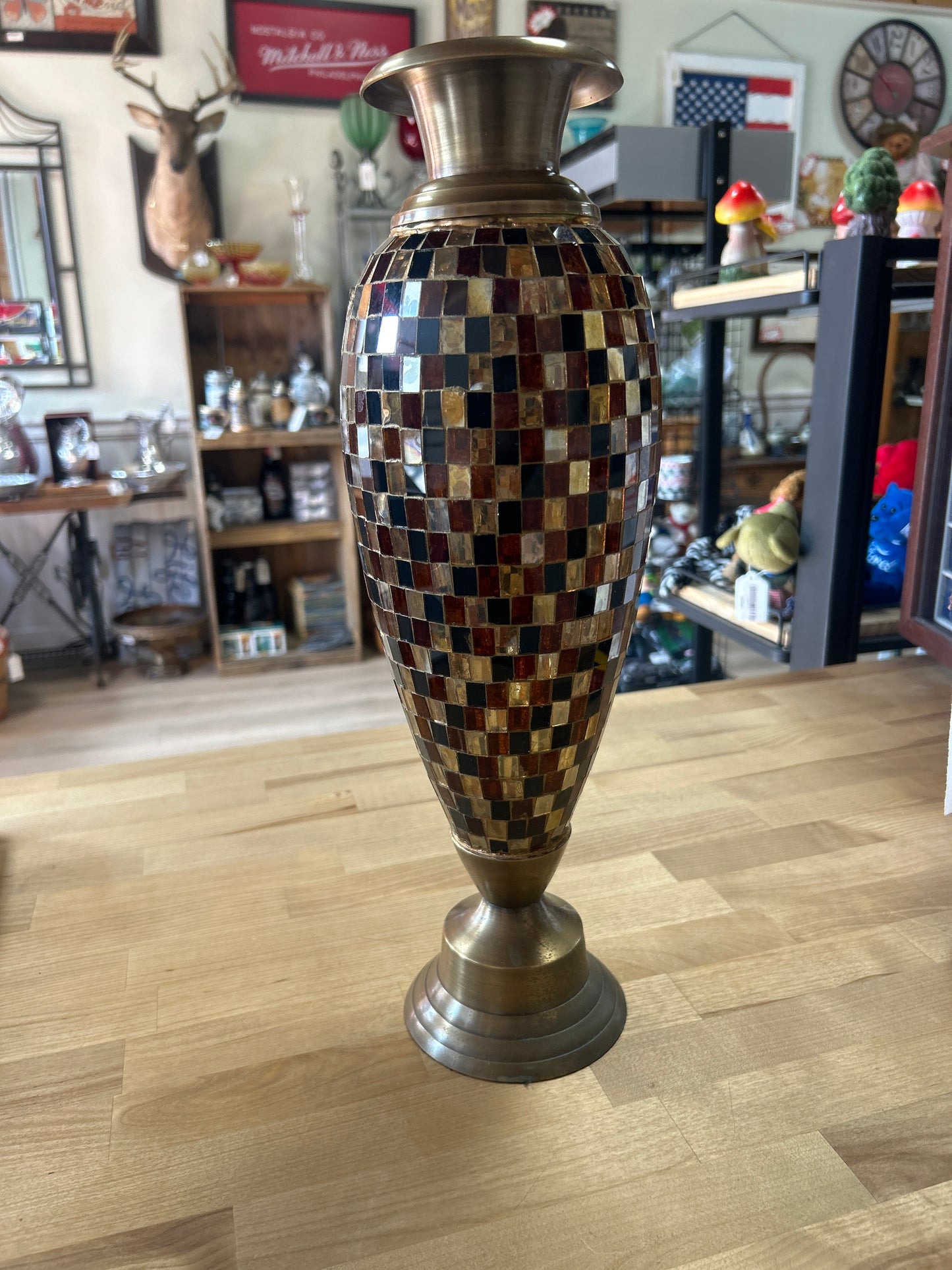Brass mosaic tile vase 17”