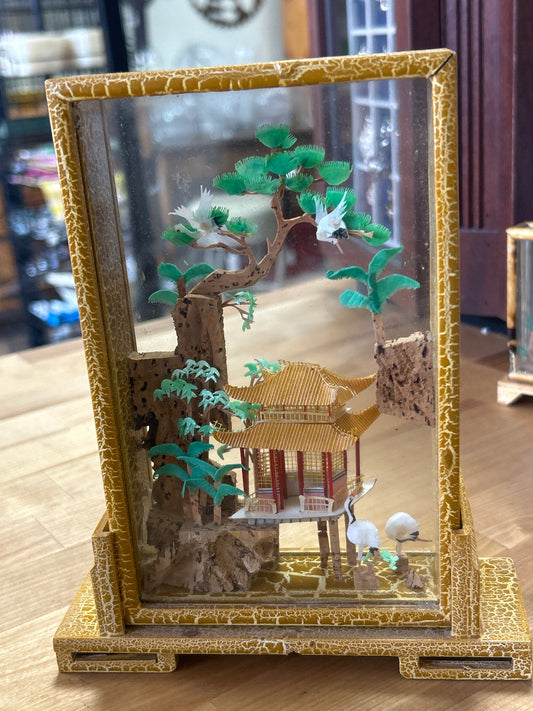 Vintage Asian Diorama Cork Carved Art framed 3D art Shadow Box cutout sculpture 7 1/2”