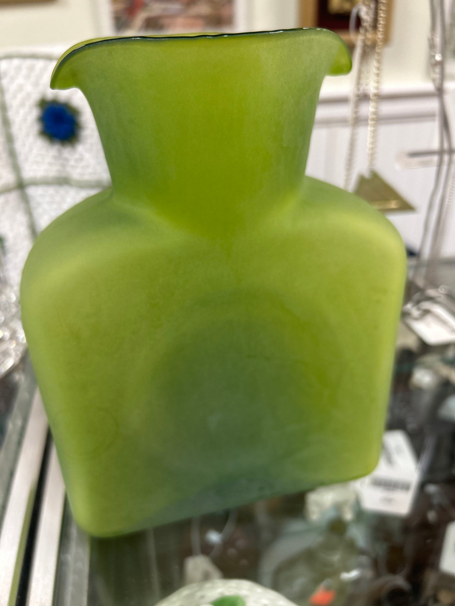 Vintage Blenko Frosted Green Double Spout Carafe 8”