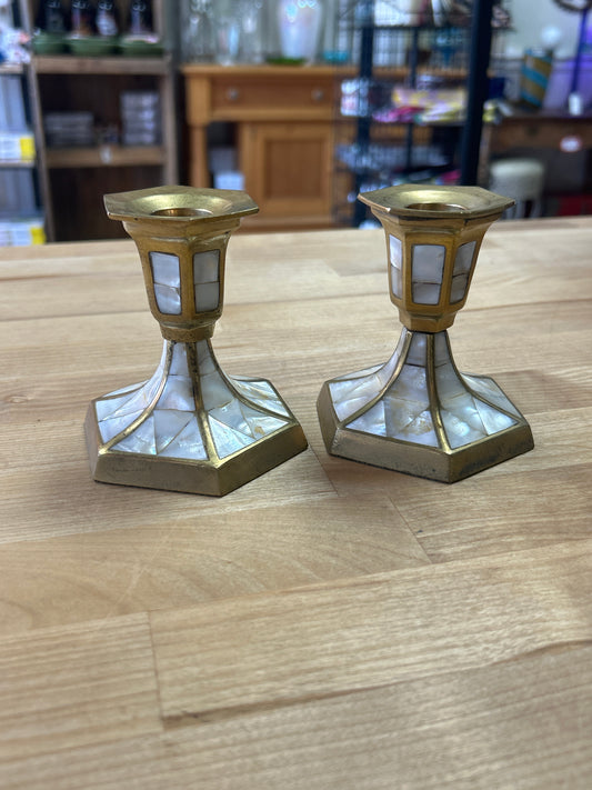 Brass and mother of pearl candle stick holders