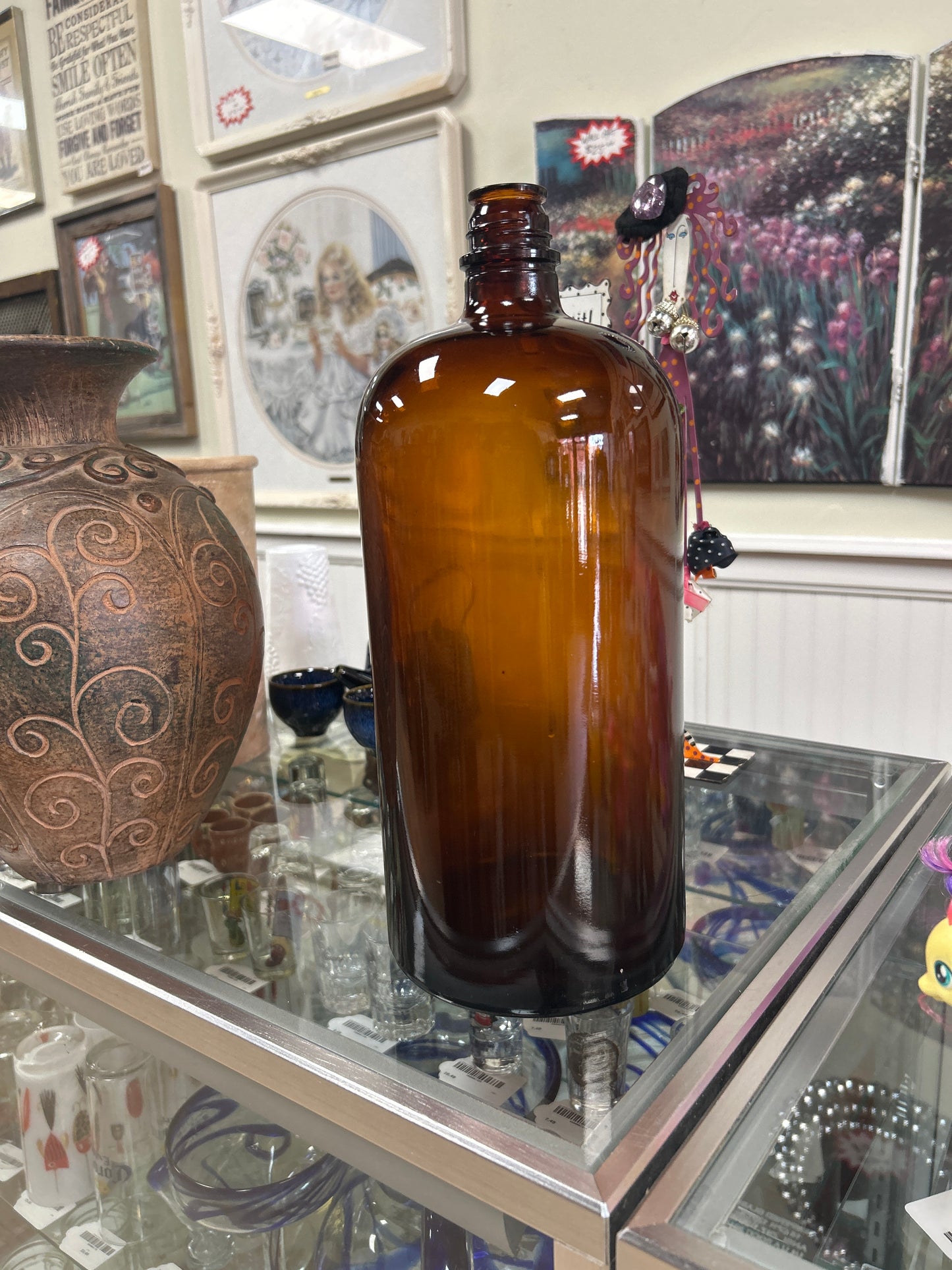 Large vintage pharmacy apothecary bottle, Amber Glass pharmacy bottle 13 1/2”