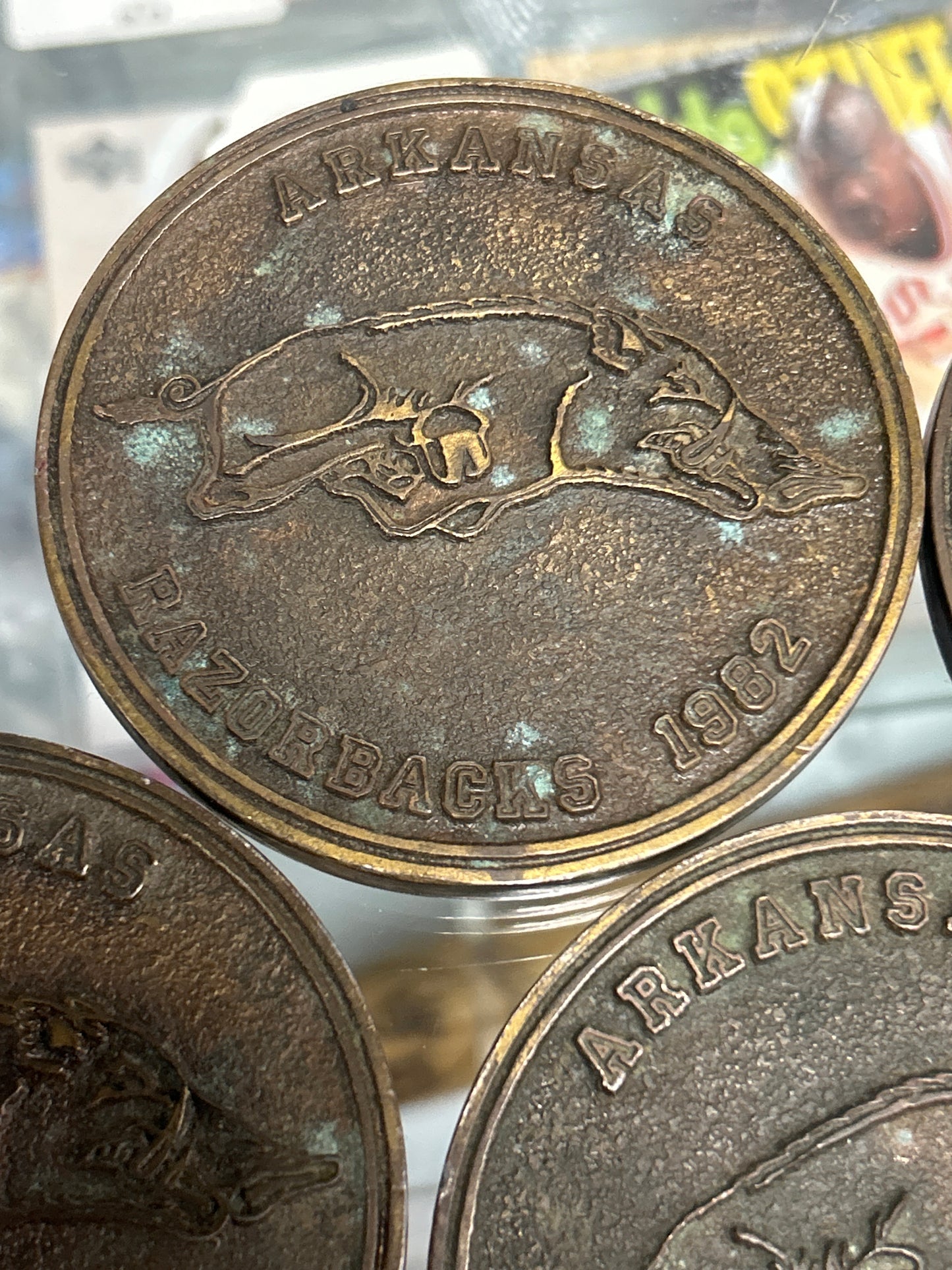 Arkansas Razorbacks Coasters (Oil Originals set of 4 EXTREMELY RARE) 1982 (bronze and solid) uncleaned by us!