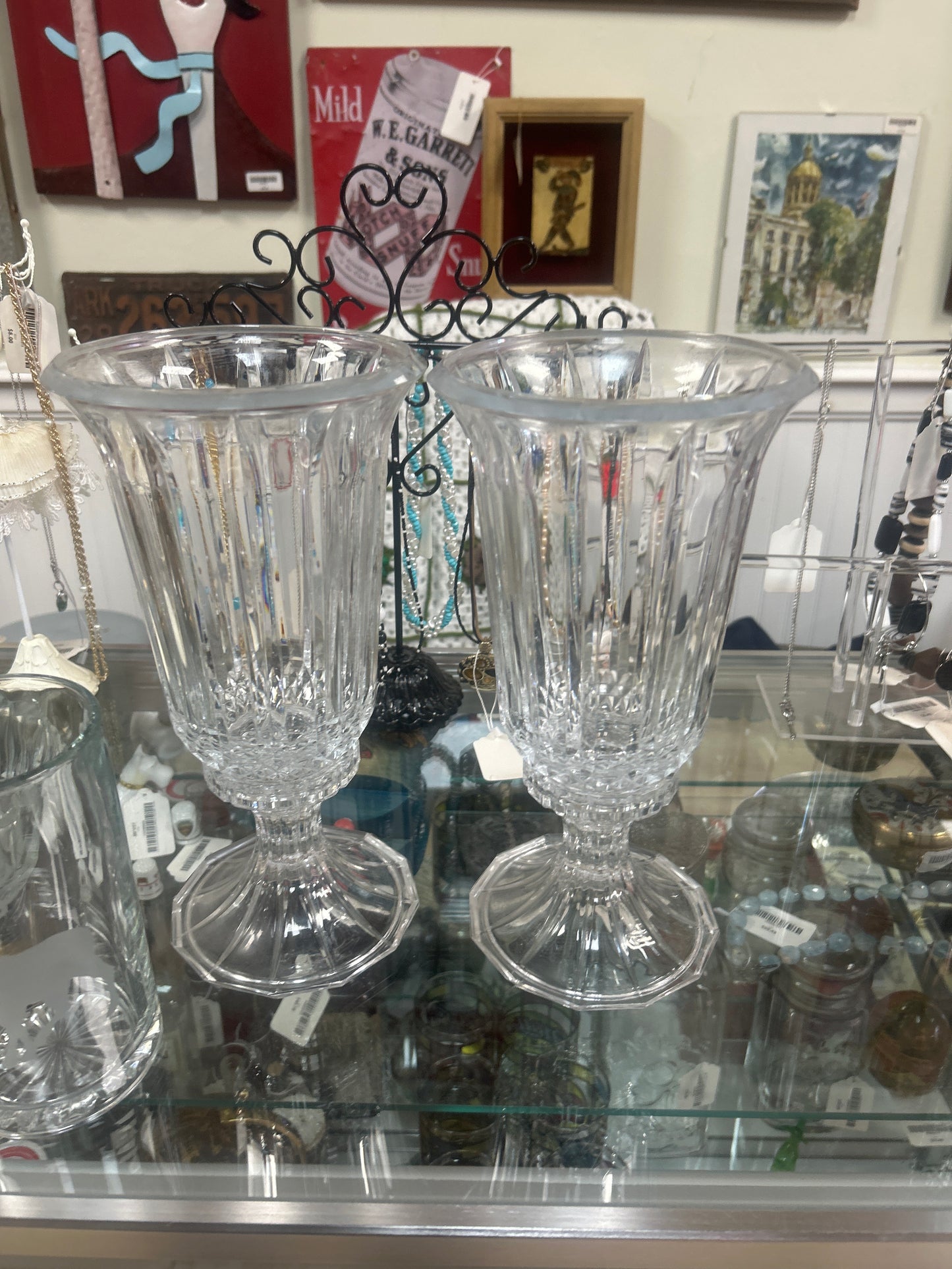 St.George 24% Fine Lead Crystal Hurricane/Vase 12"-2pcs.