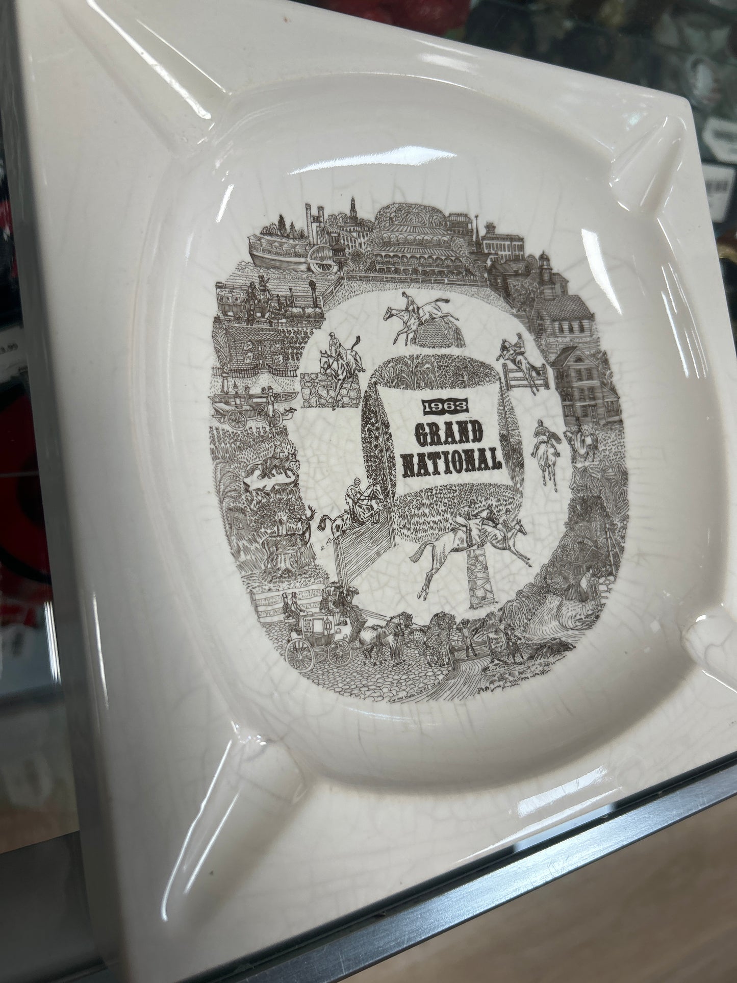 HYALYN PORCELAIN No. 617 GRAND NATIONAL 1963 HORSE DERBY ASHTRAY 9'' X 9''