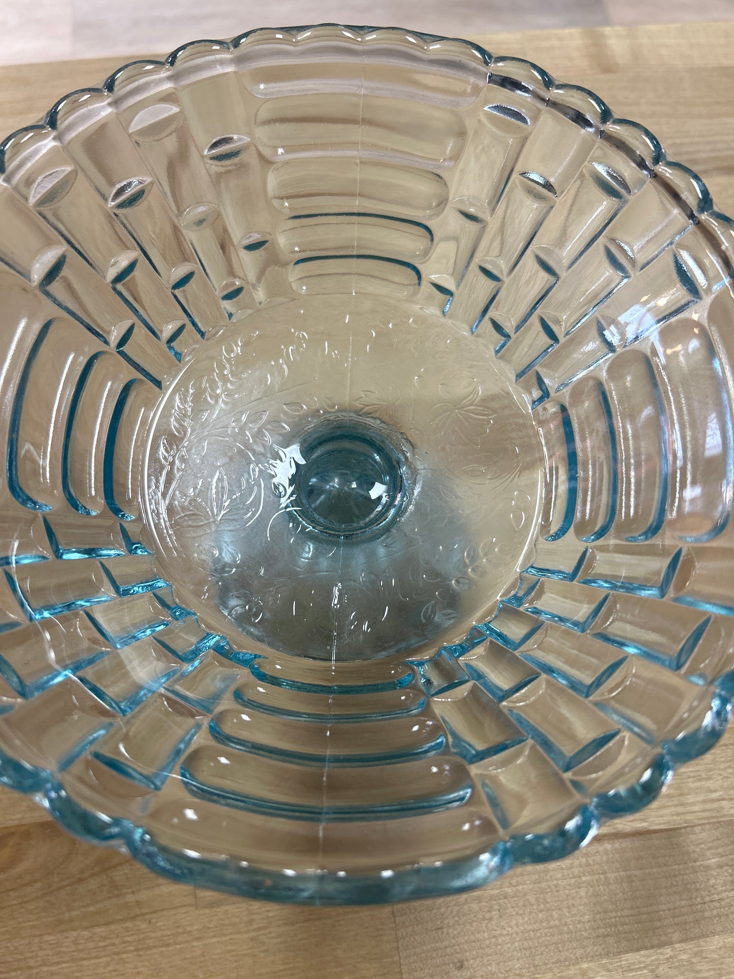 JEANETTE GLASS CO. ICE BLUE LOUISA BASKET WEAVE COMPOTE