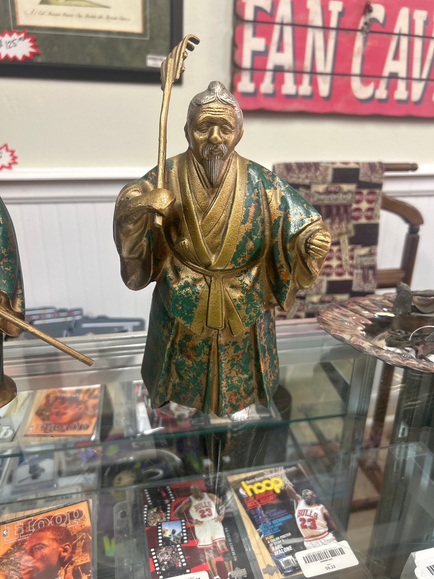 Gold and Green Cast Iron Japanese Man with Rake