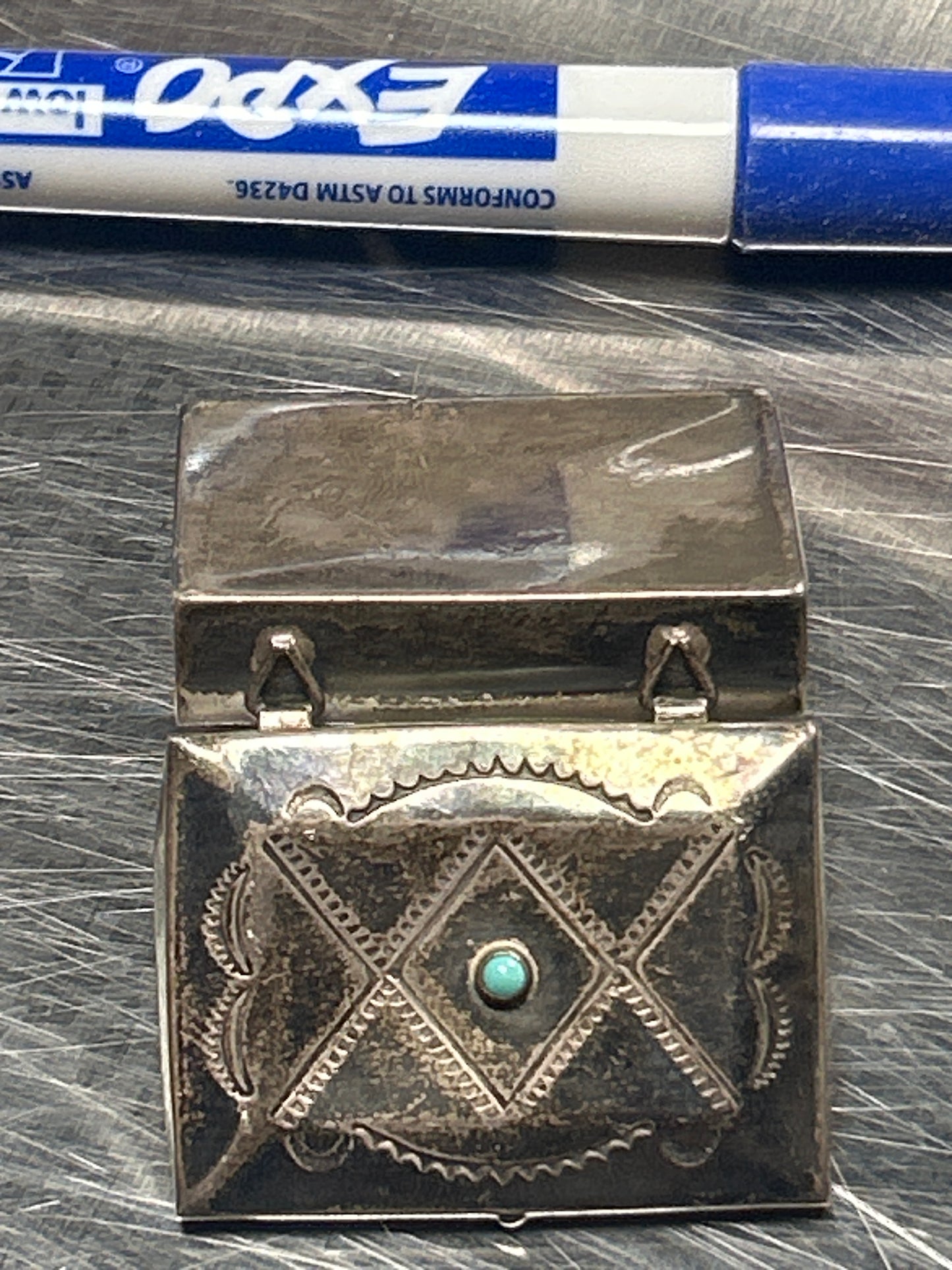 Small Navajo Pill Box Handmade Sterling Silver signed HEX Turquoise Lid Hinged