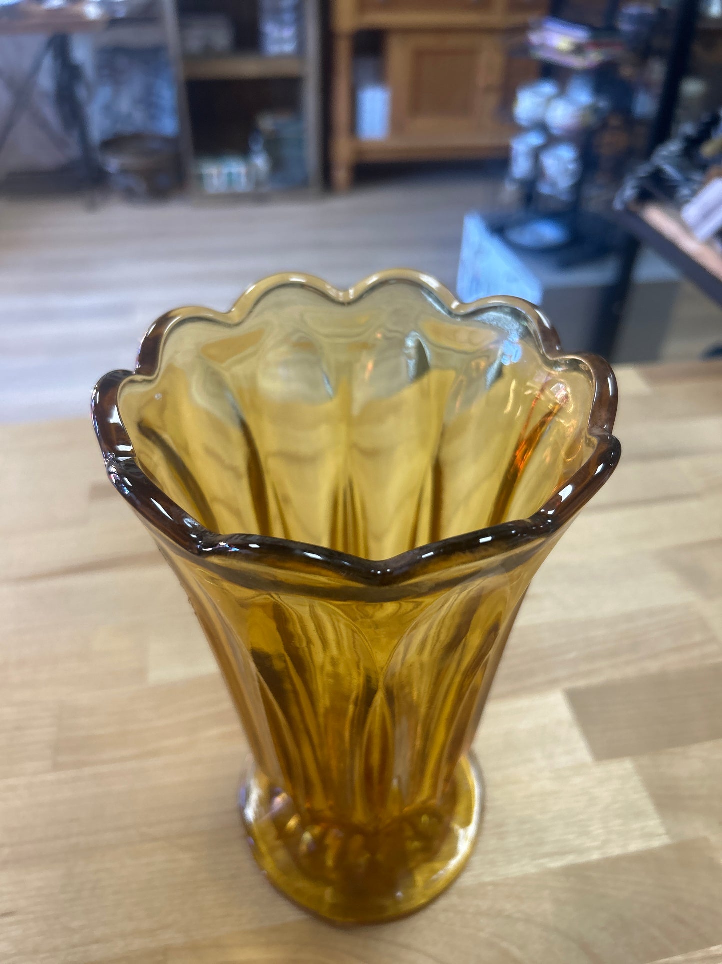 Vintage Anchor Hocking Fairfield art deco style amber glass footed vase 8 1/2”