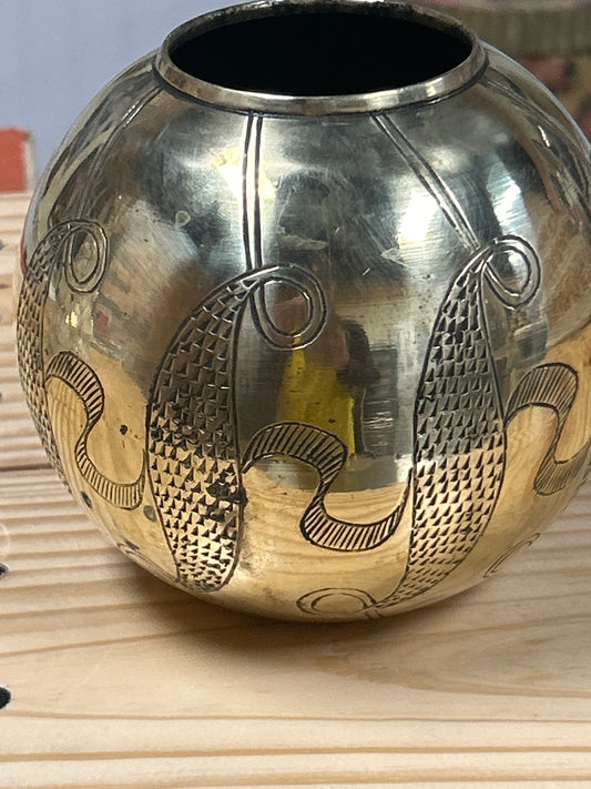 Vintage Small Round Brass Etched Bowl Made in India