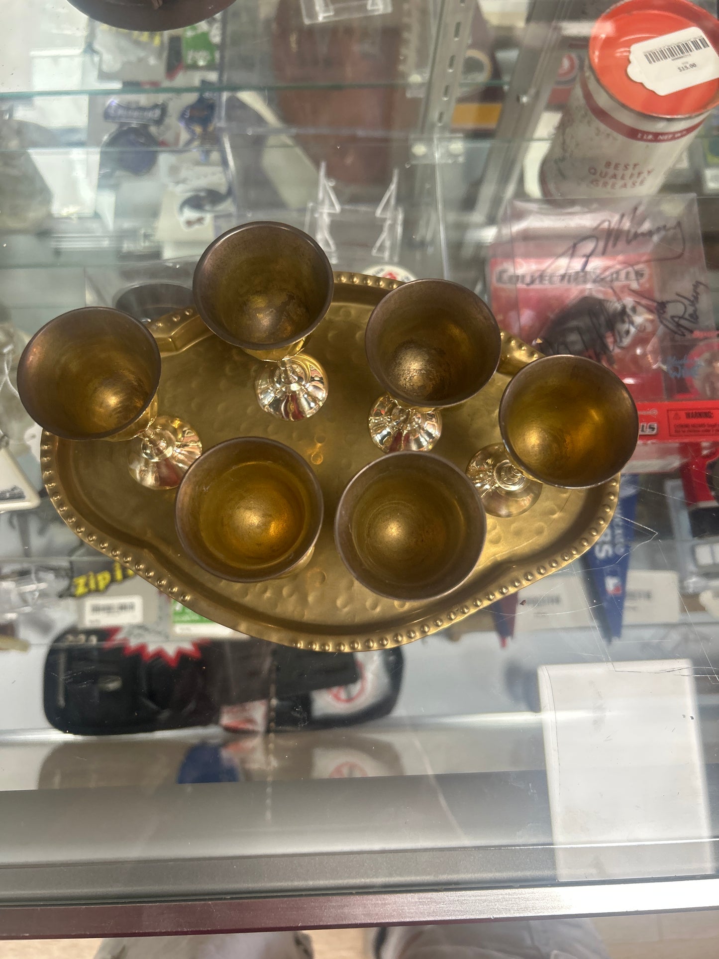 Vtg Indian Brass Cordial Liqueur 6 Mini Goblets with Tray Barware Made In India