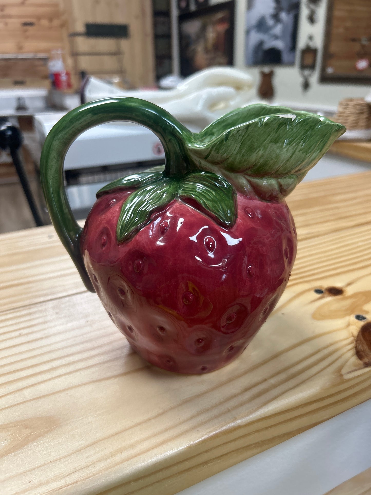 Vintage Ceramic Strawberry Shaped Pitcher with Vine Leaf Handle (repaired)