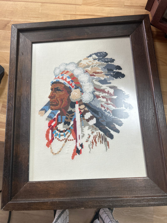 Vintage Retro Cross Stitch of Native American Indian Chief Framed (16 1/2 x 20 1/2)
