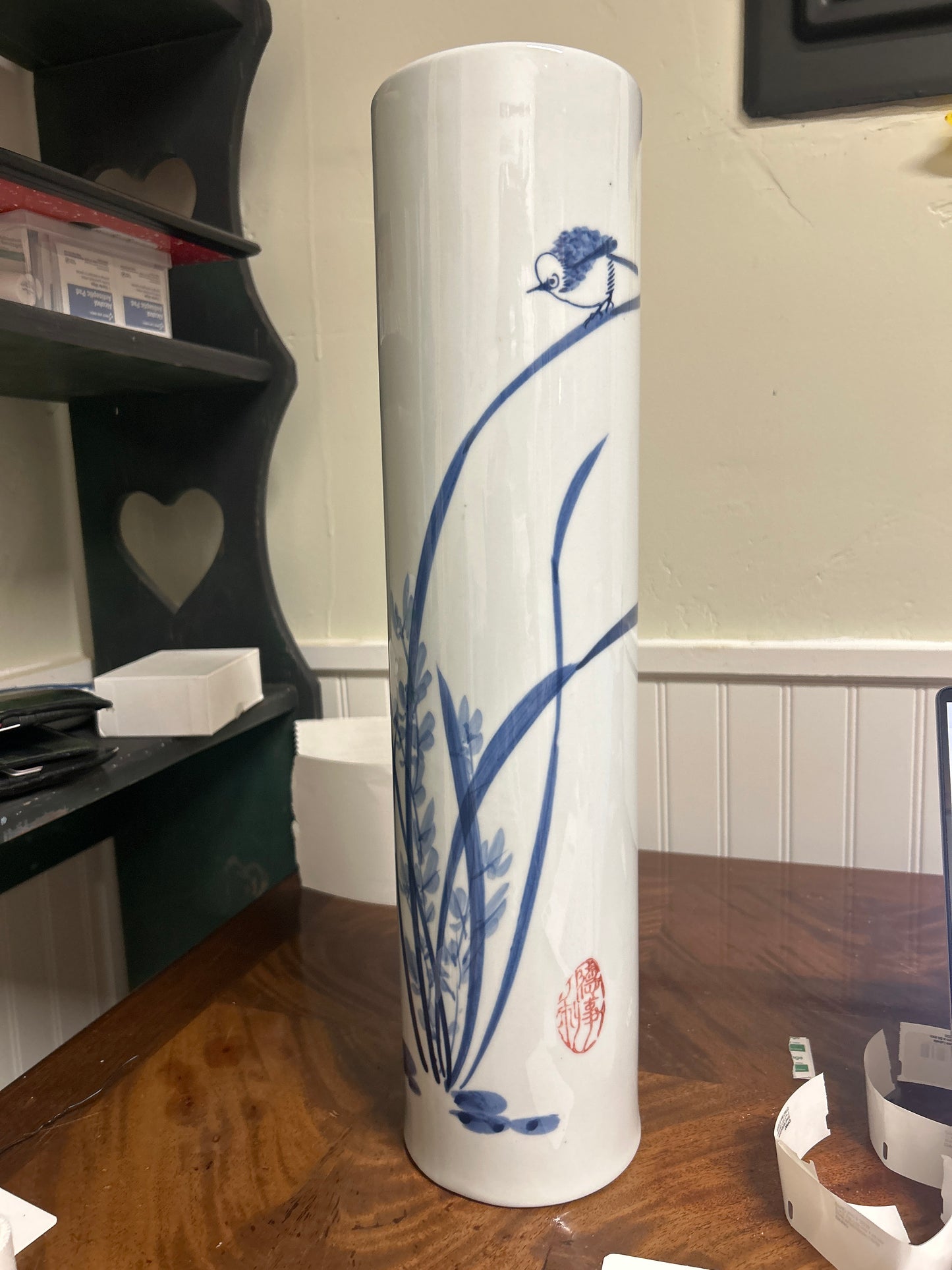 Blue and white porcelain cylindrical vase 18”