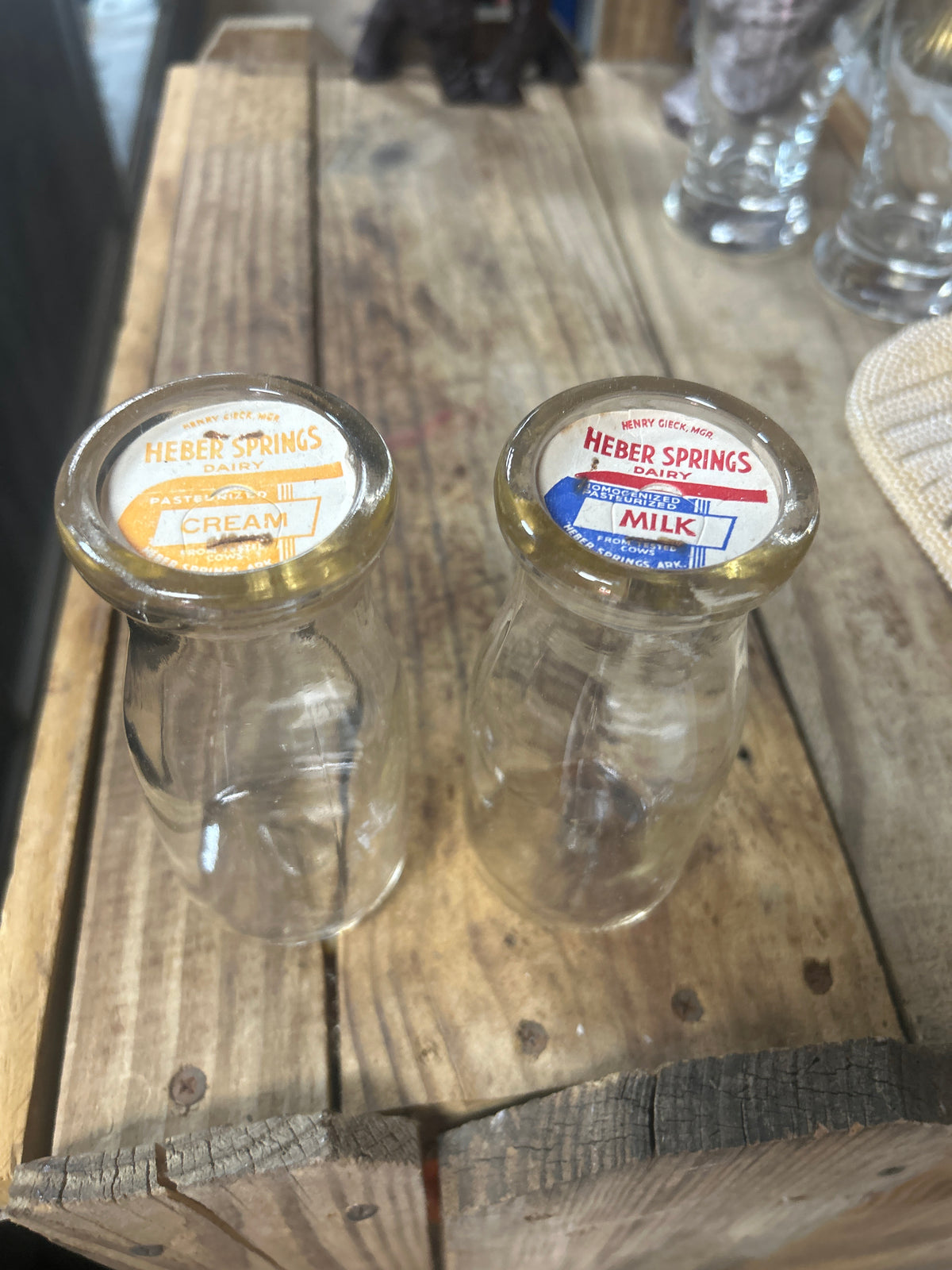 Vintage glass bottles from Heber Springs Dairy.