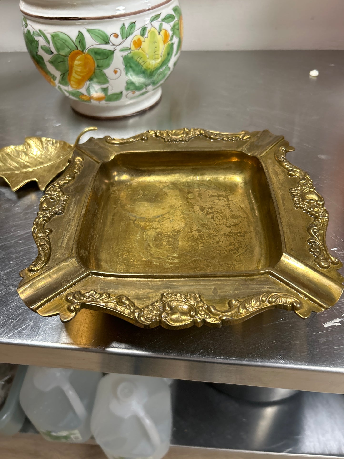 Vintage Large Brass Footed Ashtray Table Ornate 9-3/4" Cigar