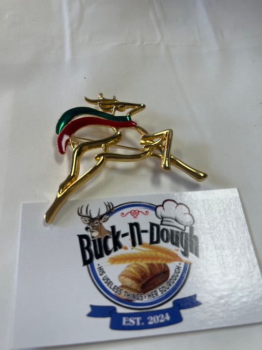 Danecraft Leaping Reindeer Christmas Brooch Red Green Gold Pin Vintage