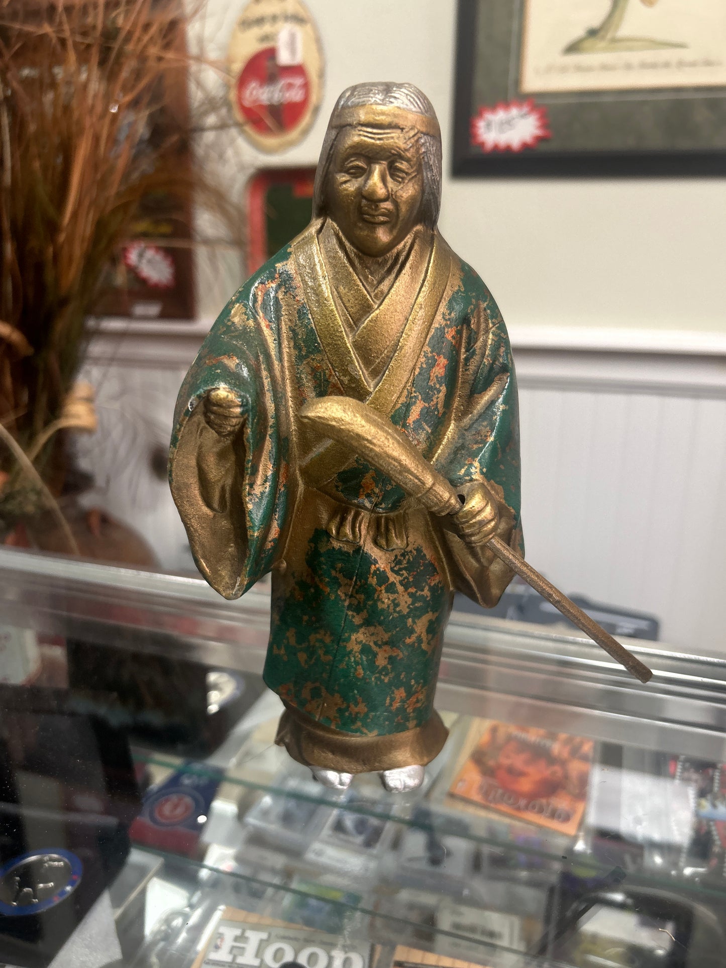 Gold and Green Japanese Woman with Broom Cast Iron